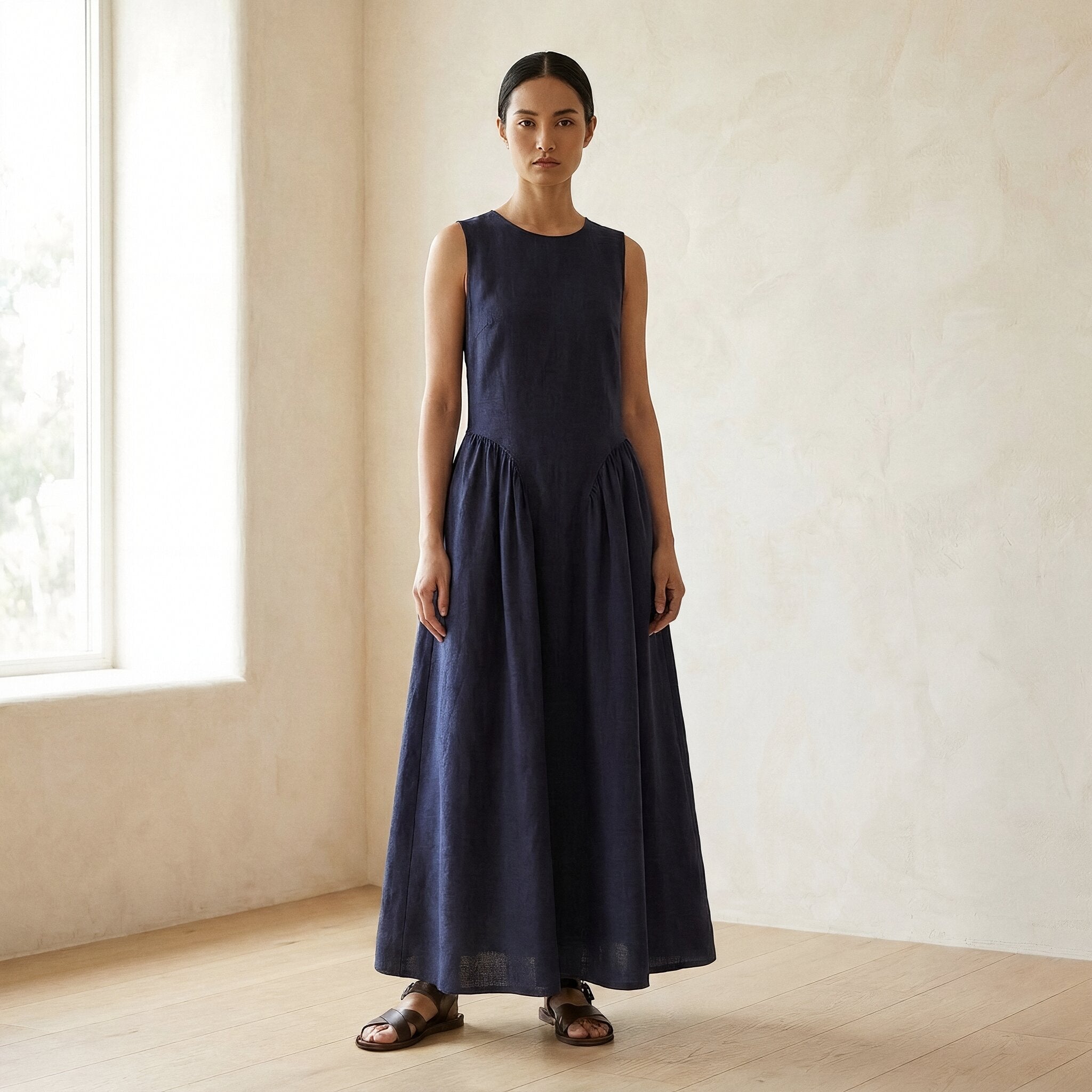 Navy Blue Cotton Flax Sleeveless Paneled Maxi Dress