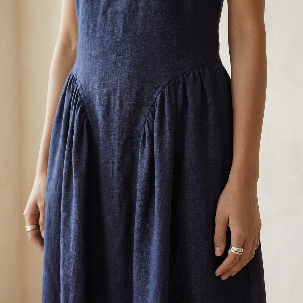 Navy Blue Cotton Flax Sleeveless Paneled Maxi Dress