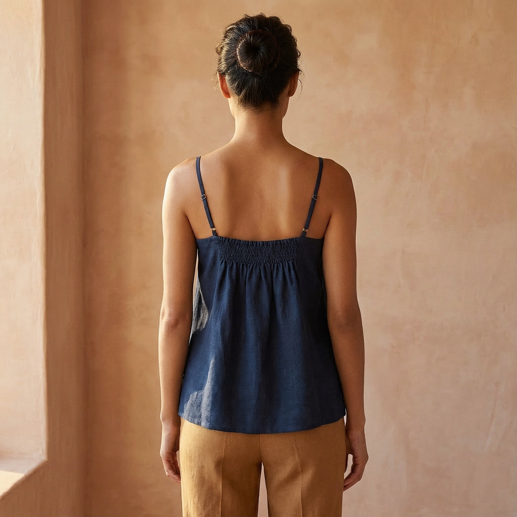 Navy Blue Cotton Flax Spaghetti Strap Top with Elastic Gathered Back