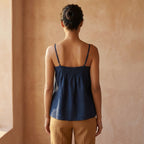 Navy Blue Cotton Flax Spaghetti Strap Top with Elastic Gathered Back