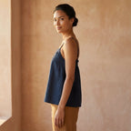 Navy Blue Cotton Flax Spaghetti Strap Top with Elastic Gathered Back
