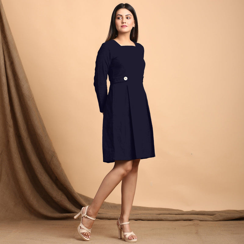 Navy Blue Cotton Flax Square Neck Pleated Short Dress