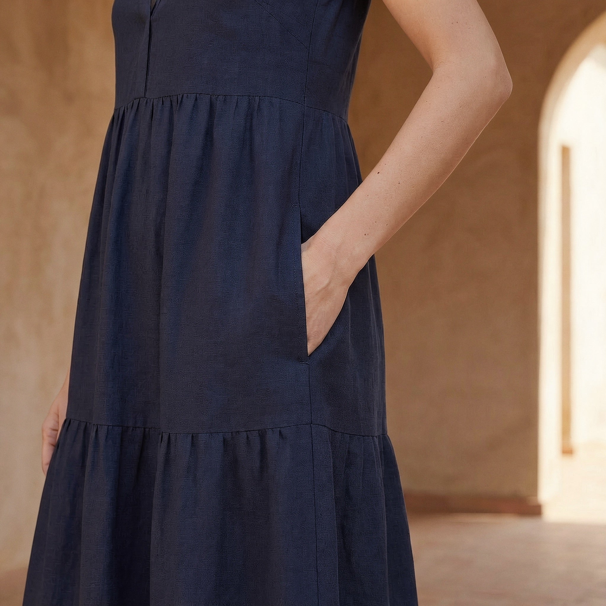 Navy Blue Cotton Flax V-Neck Maxi Tier Dress