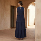 Navy Blue Cotton Flax V-Neck Maxi Tier Dress