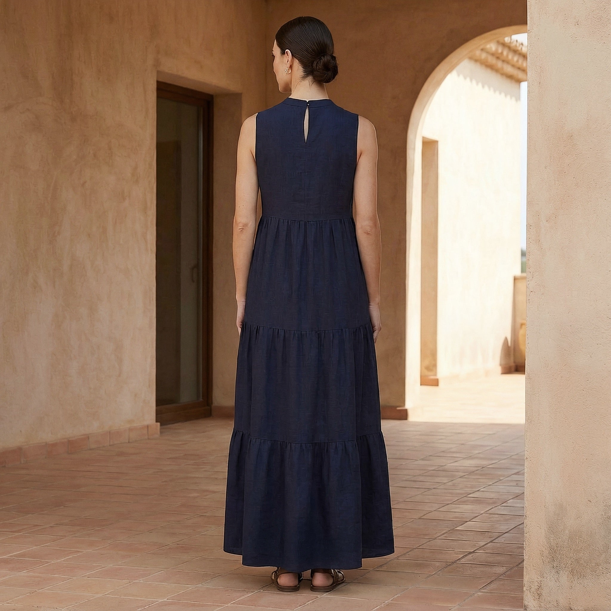 Navy Blue Cotton Flax V-Neck Maxi Tier Dress