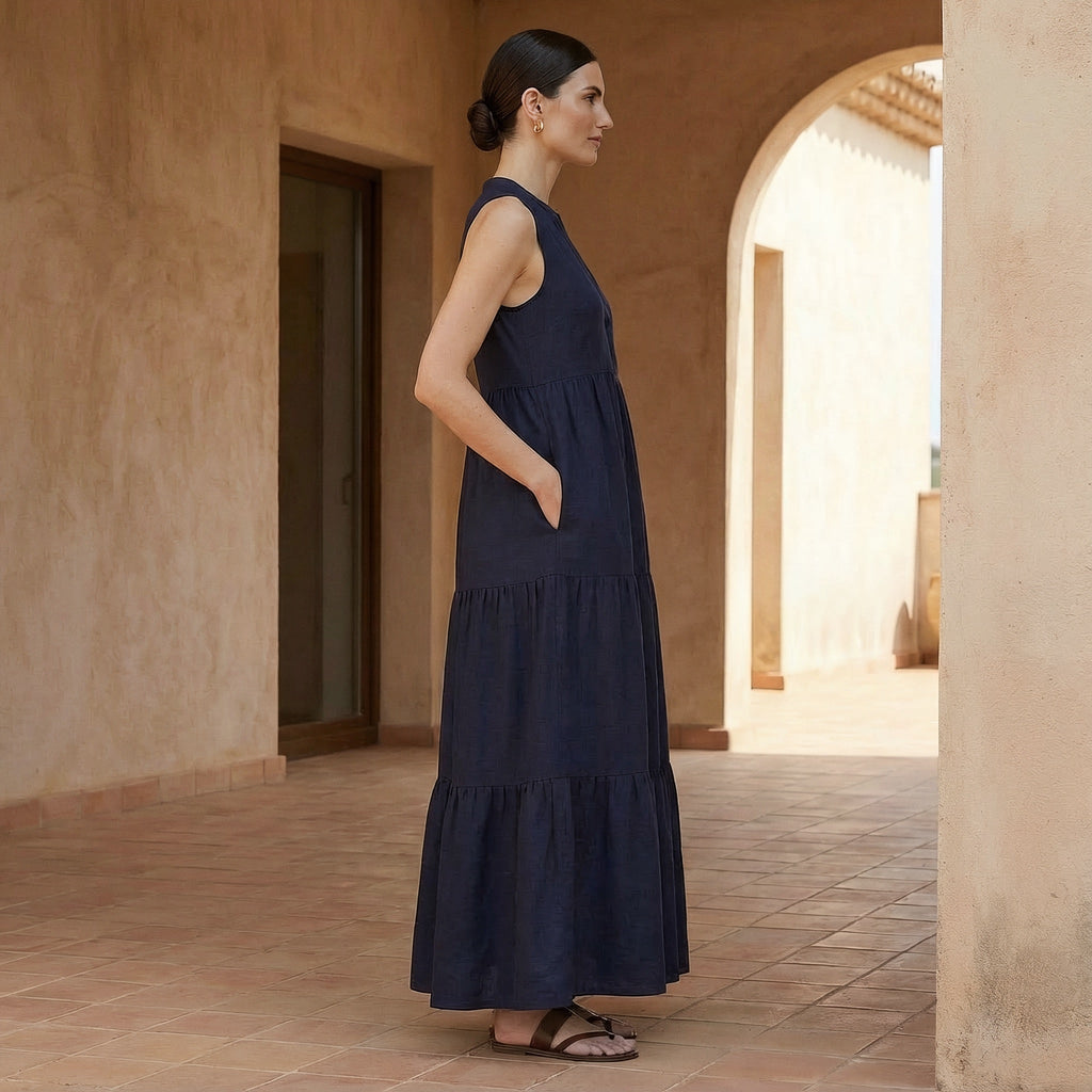 Navy Blue Cotton Flax V-Neck Maxi Tier Dress