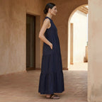 Navy Blue Cotton Flax V-Neck Maxi Tier Dress