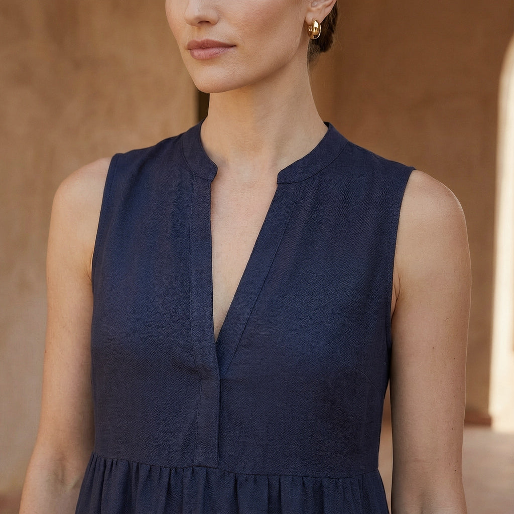 Navy Blue Cotton Flax V-Neck Maxi Tier Dress