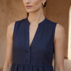 Navy Blue Cotton Flax V-Neck Maxi Tier Dress