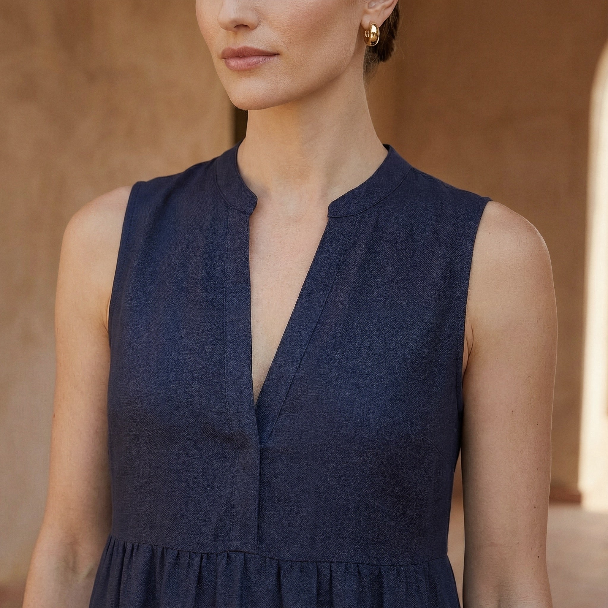 Navy Blue Cotton Flax V-Neck Maxi Tier Dress