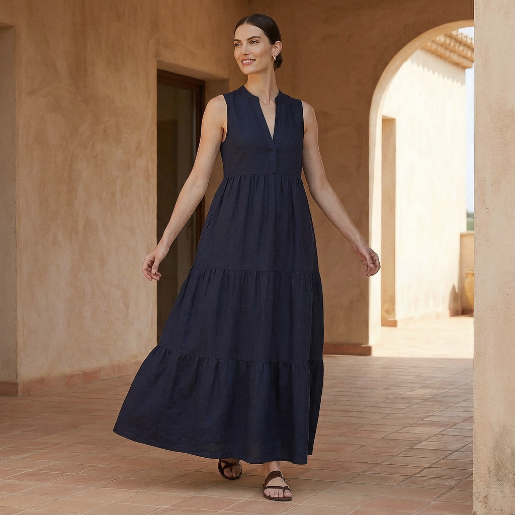 Navy Blue Cotton Flax V-Neck Maxi Tier Dress