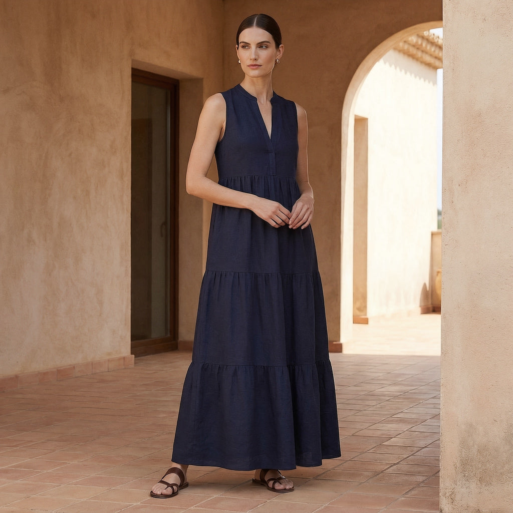 Navy Blue Cotton Flax V-Neck Maxi Tier Dress
