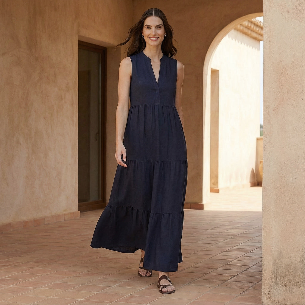 Navy Blue Cotton Flax V-Neck Maxi Tier Dress
