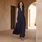 Navy Blue Cotton Flax V-Neck Maxi Tier Dress