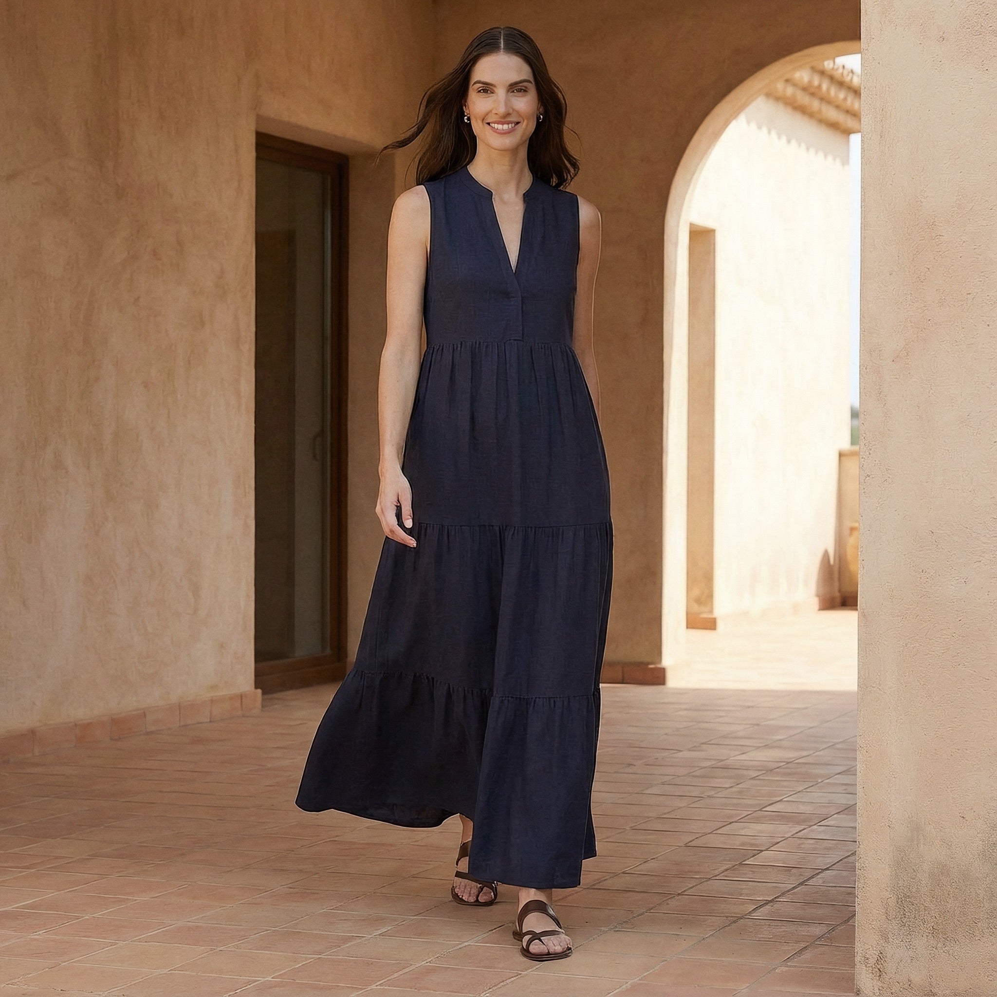 Navy Blue Cotton Flax V-Neck Maxi Tier Dress