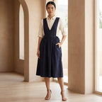 Navy Blue Cotton Flax V-Neck Pinafore Midi Wrap Dress
