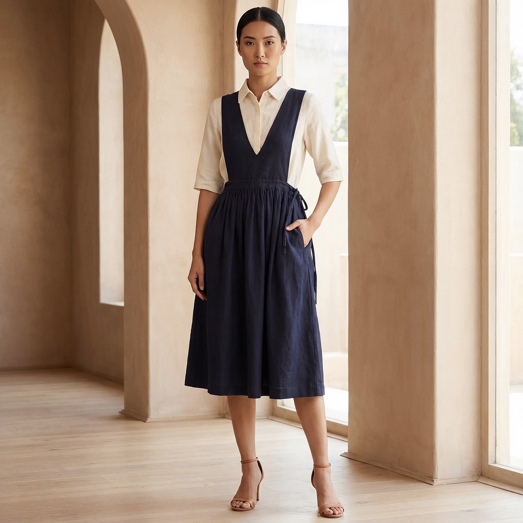 Navy Blue Cotton Flax V-Neck Pinafore Midi Wrap Dress