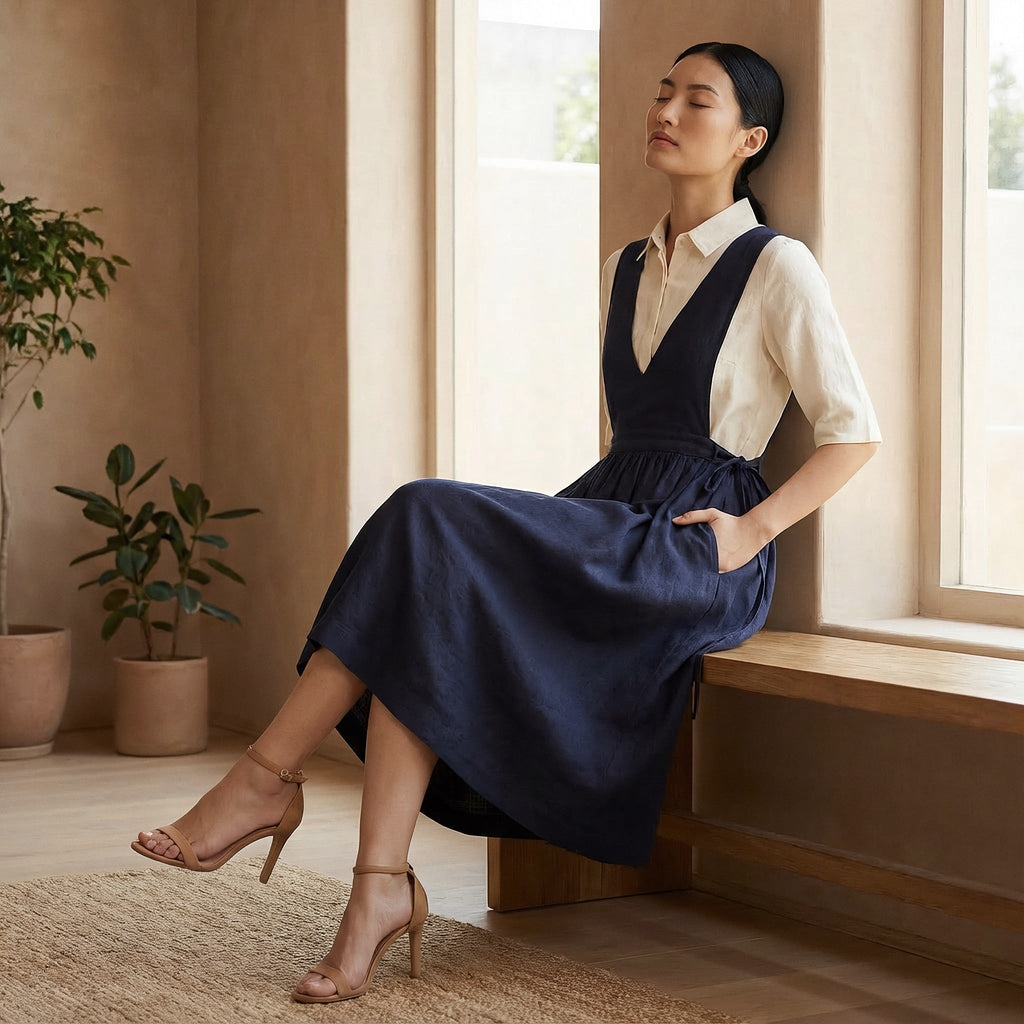 Navy Blue Cotton Flax V-Neck Pinafore Midi Wrap Dress