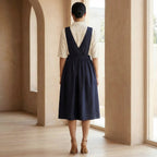 Navy Blue Cotton Flax V-Neck Pinafore Midi Wrap Dress