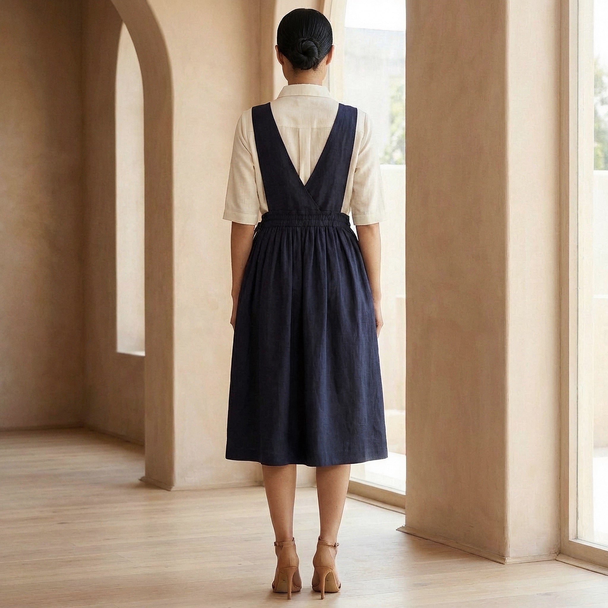 Navy Blue Cotton Flax V-Neck Pinafore Midi Wrap Dress