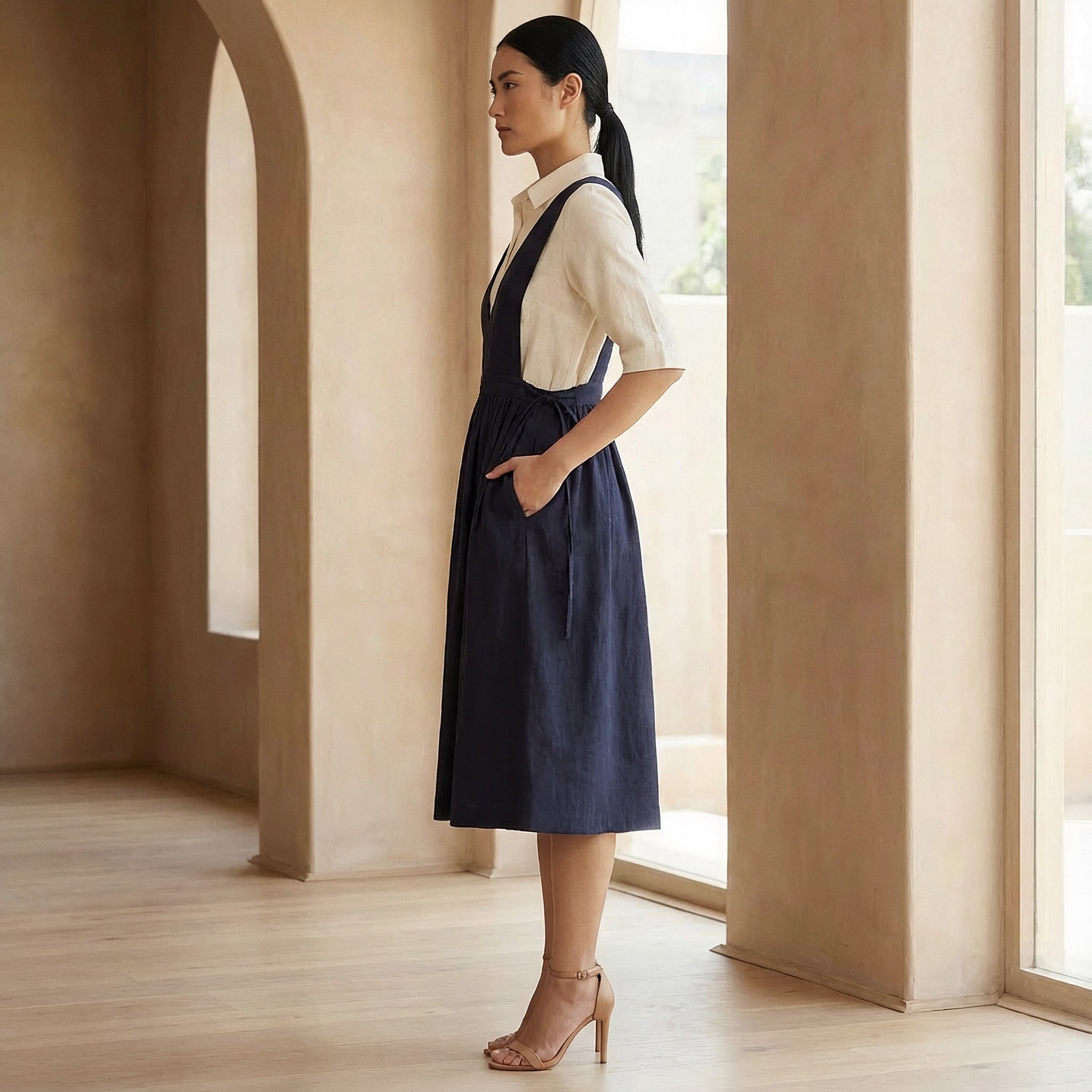 Navy Blue Cotton Flax V-Neck Pinafore Midi Wrap Dress