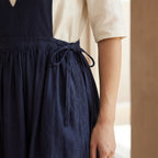 Navy Blue Cotton Flax V-Neck Pinafore Midi Wrap Dress