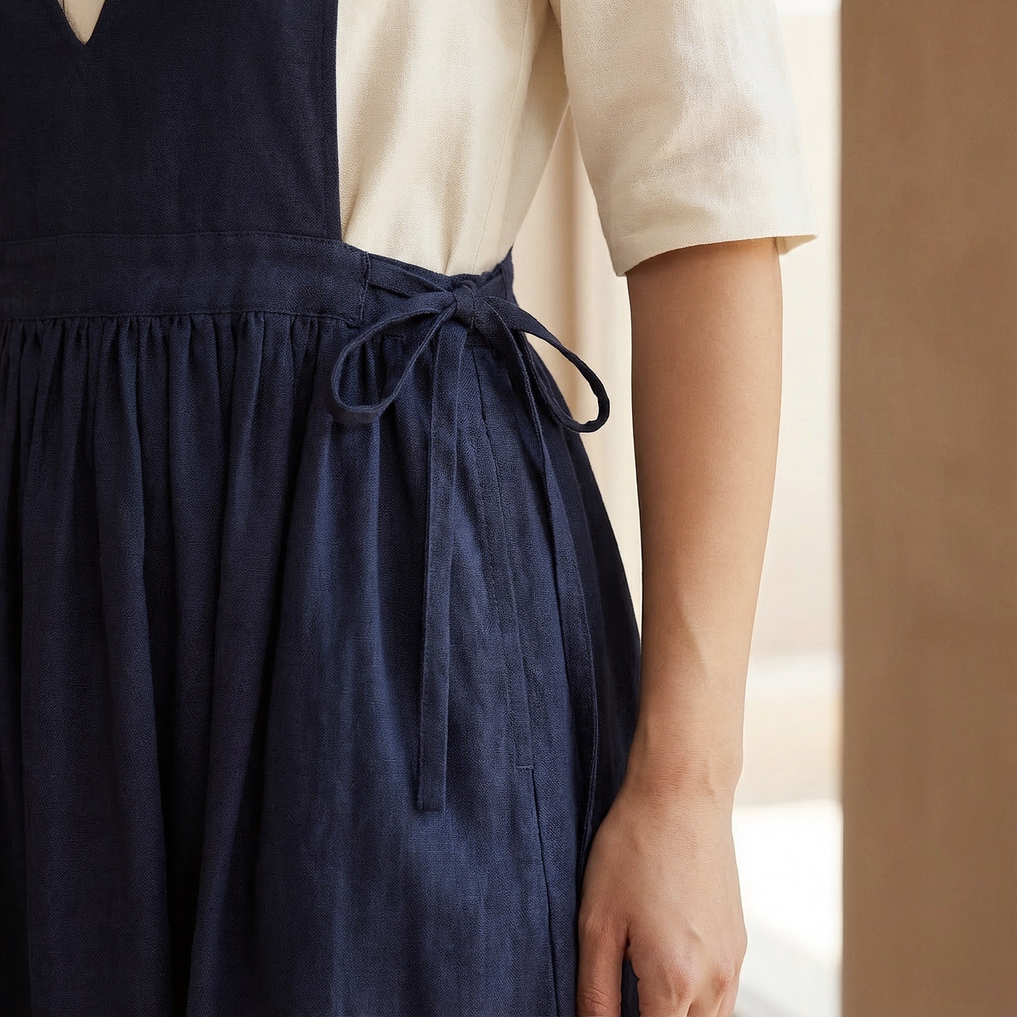 Navy Blue Cotton Flax V-Neck Pinafore Midi Wrap Dress