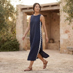 Navy Blue Cotton Flax Wavy Stripe Maxi Shift Dress