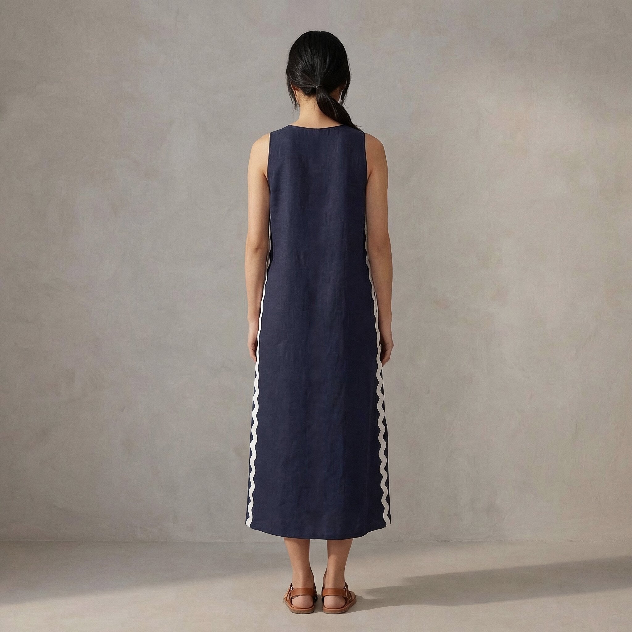 Navy Blue Cotton Flax Wavy Stripe Maxi Shift Dress