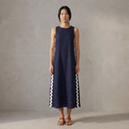 Navy Blue Cotton Flax Wavy Stripe Maxi Shift Dress
