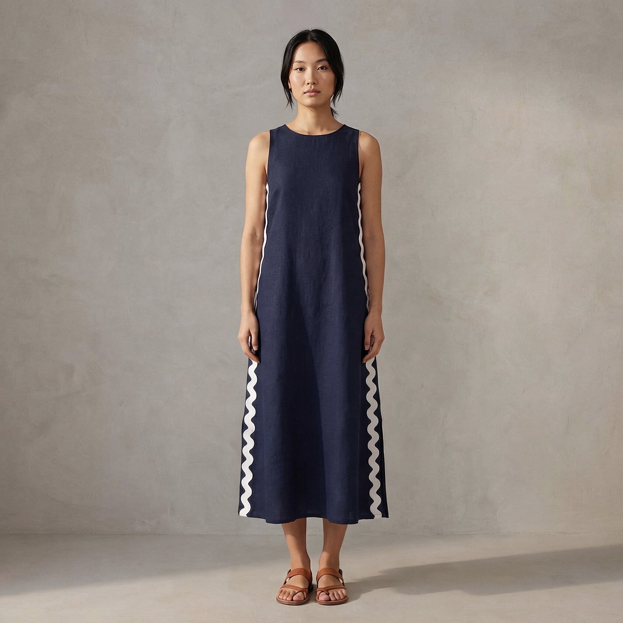 Navy Blue Cotton Flax Wavy Stripe Maxi Shift Dress