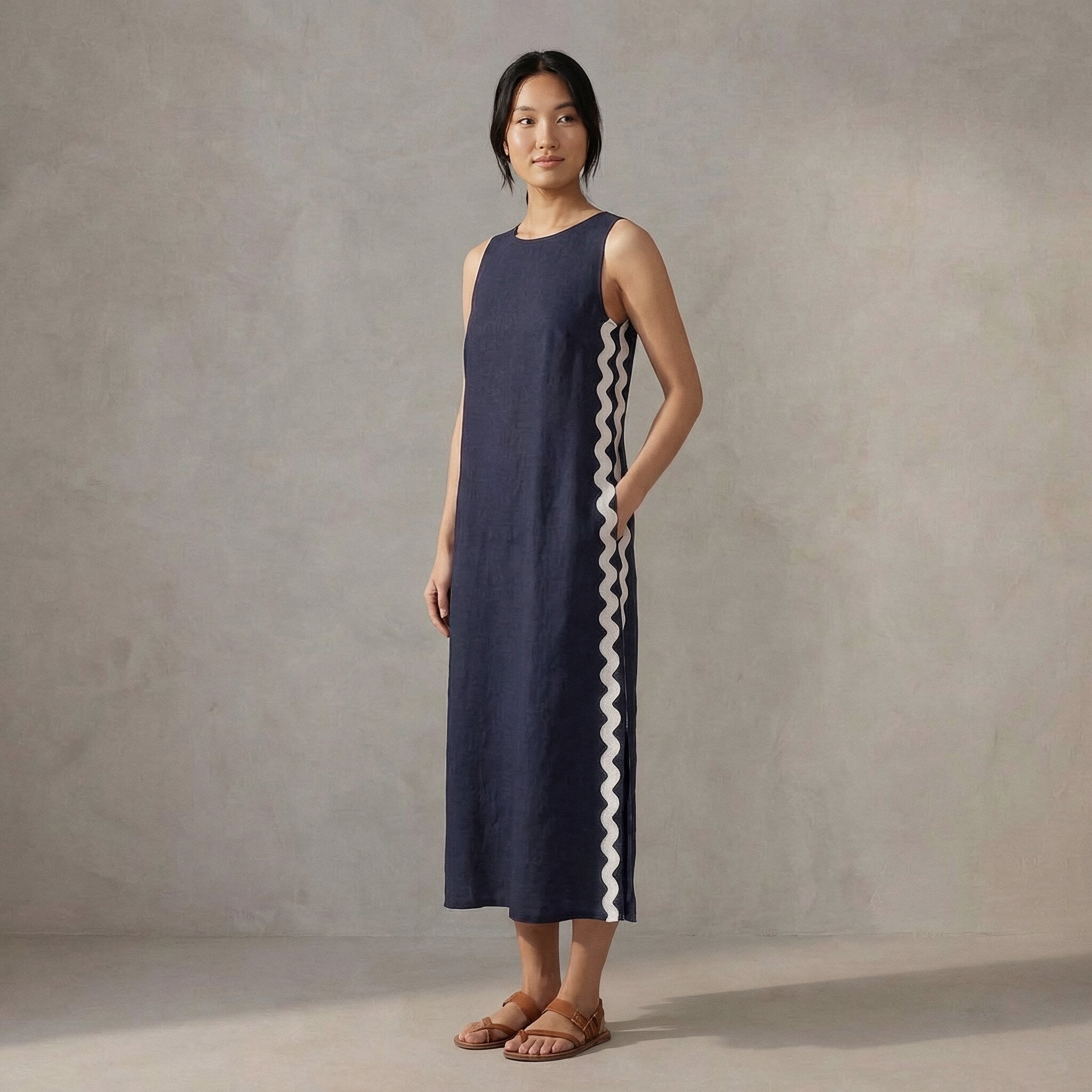 Navy Blue Cotton Flax Wavy Stripe Maxi Shift Dress