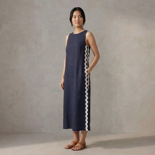 Navy Blue Cotton Flax Wavy Stripe Maxi Shift Dress