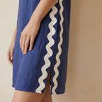Navy Blue Cotton Flax Wavy Stripe Short Shift Dress