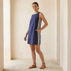 Navy Blue Cotton Flax Wavy Stripe Short Shift Dress
