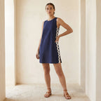 Navy Blue Cotton Flax Wavy Stripe Short Shift Dress