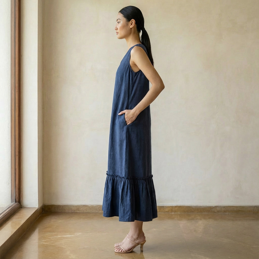 Navy Blue Cotton-Linen A-Line V-Neck Sleeveless Maxi Tier Dress