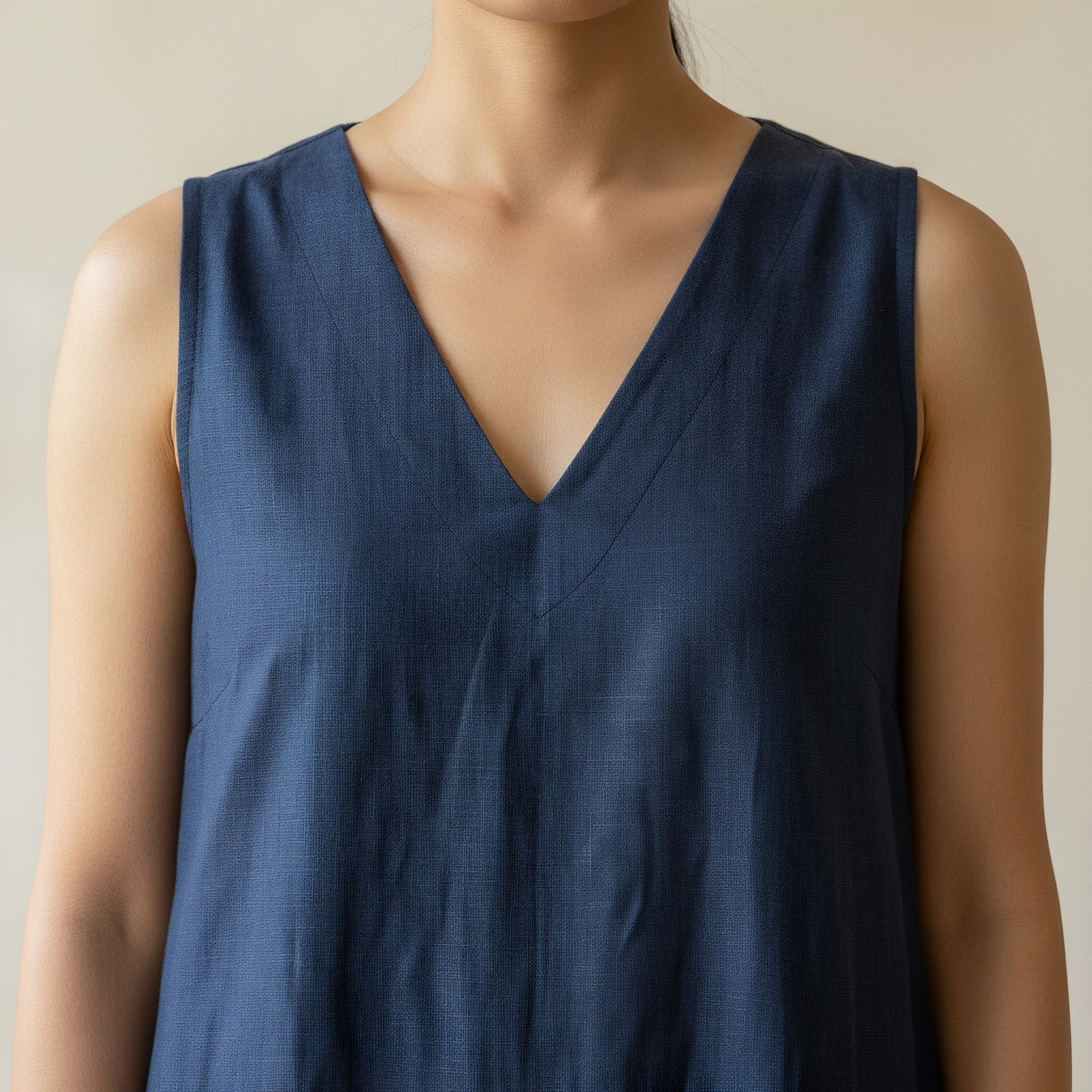 Navy Blue Cotton-Linen A-Line V-Neck Sleeveless Maxi Tier Dress