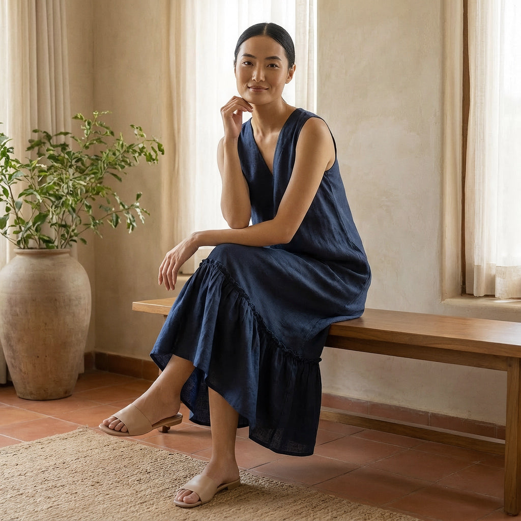 Navy Blue Cotton-Linen A-Line V-Neck Sleeveless Maxi Tier Dress