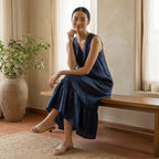 Navy Blue Cotton-Linen A-Line V-Neck Sleeveless Maxi Tier Dress