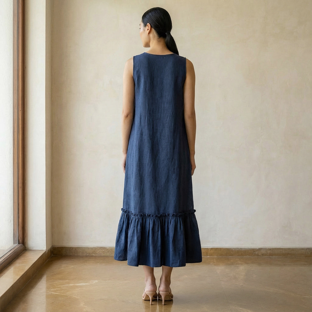 Navy Blue Cotton-Linen A-Line V-Neck Sleeveless Maxi Tier Dress