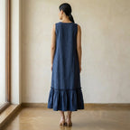 Navy Blue Cotton-Linen A-Line V-Neck Sleeveless Maxi Tier Dress