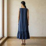Navy Blue Cotton-Linen A-Line Deep Neck Sleeveless Maxi Tier Dress