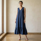 Navy Blue Cotton-Linen A-Line V-Neck Sleeveless Maxi Tier Dress