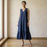 Navy Blue Cotton-Linen A-Line Deep Neck Sleeveless Maxi Tier Dress