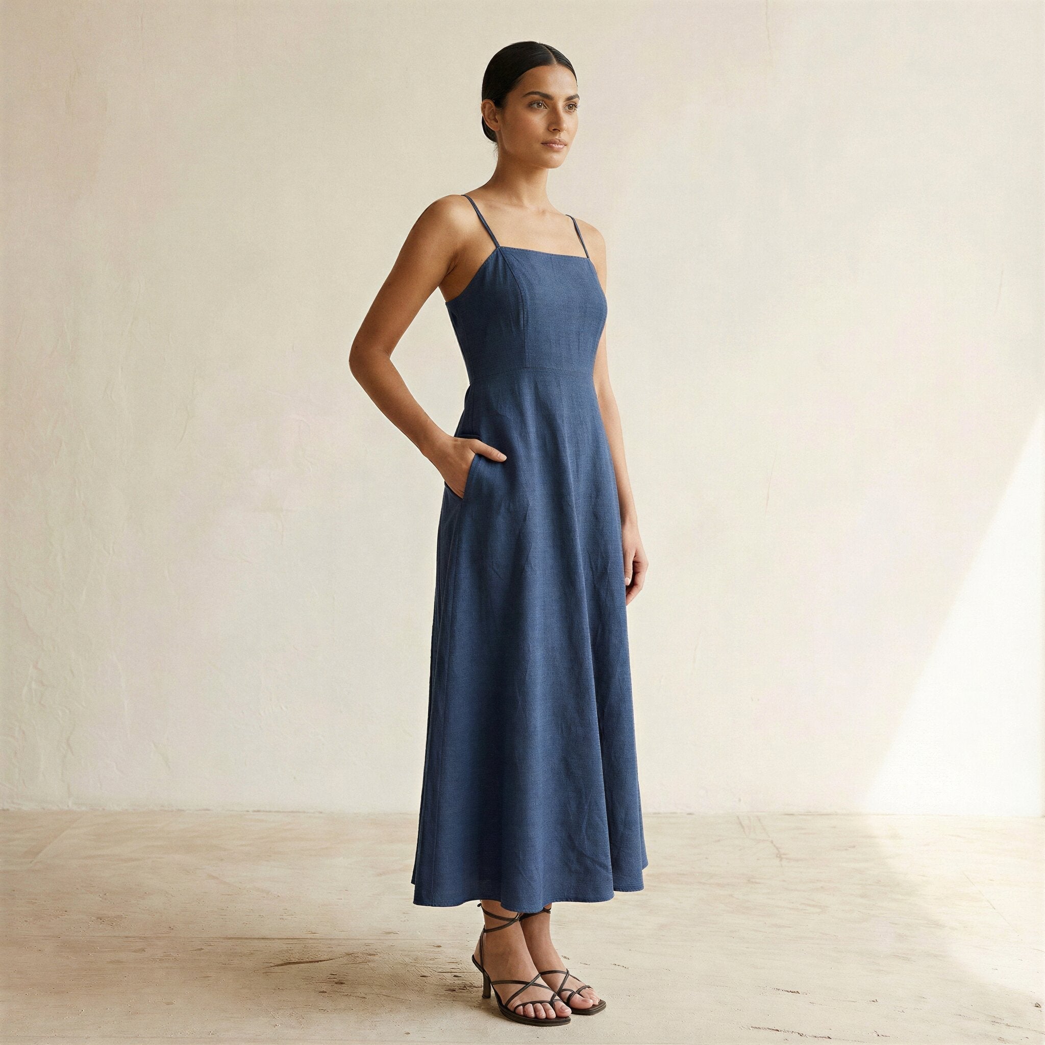 Navy Blue Cotton Linen Ankle Length Flared Sundress