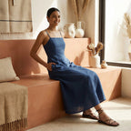 Navy Blue Cotton Linen Ankle Length Flared Sundress