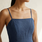 Navy Blue Cotton Linen Ankle Length Flared Sundress