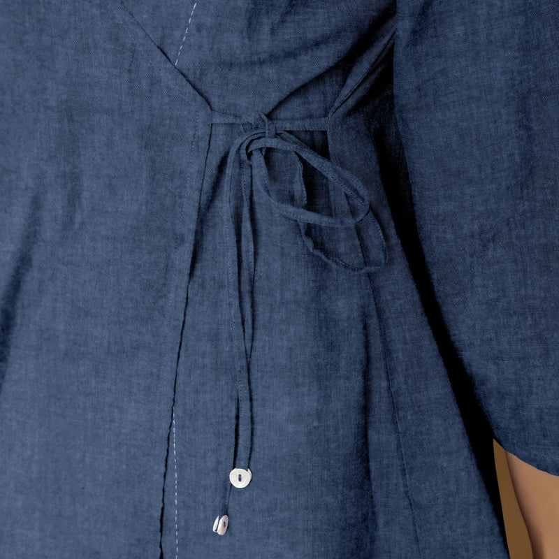 Navy Blue Cotton Linen Asymmetrical V-Neck Godet Top