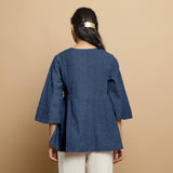 Navy Blue Cotton Linen Asymmetrical V-Neck Godet Top